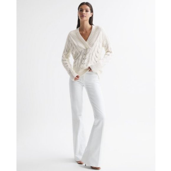 NWOT Reiss Claudine Knit Cable Shawl Neck Jumper Sweater White Ivory Cotton - Picture 3 of 9